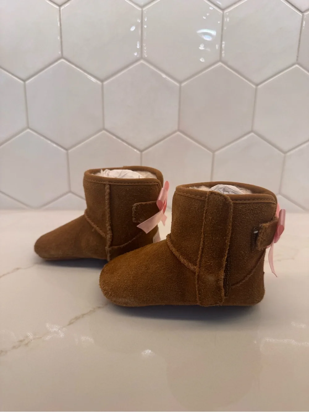 UGG Chestnut Baby Walker Boots with Pink Ribbon